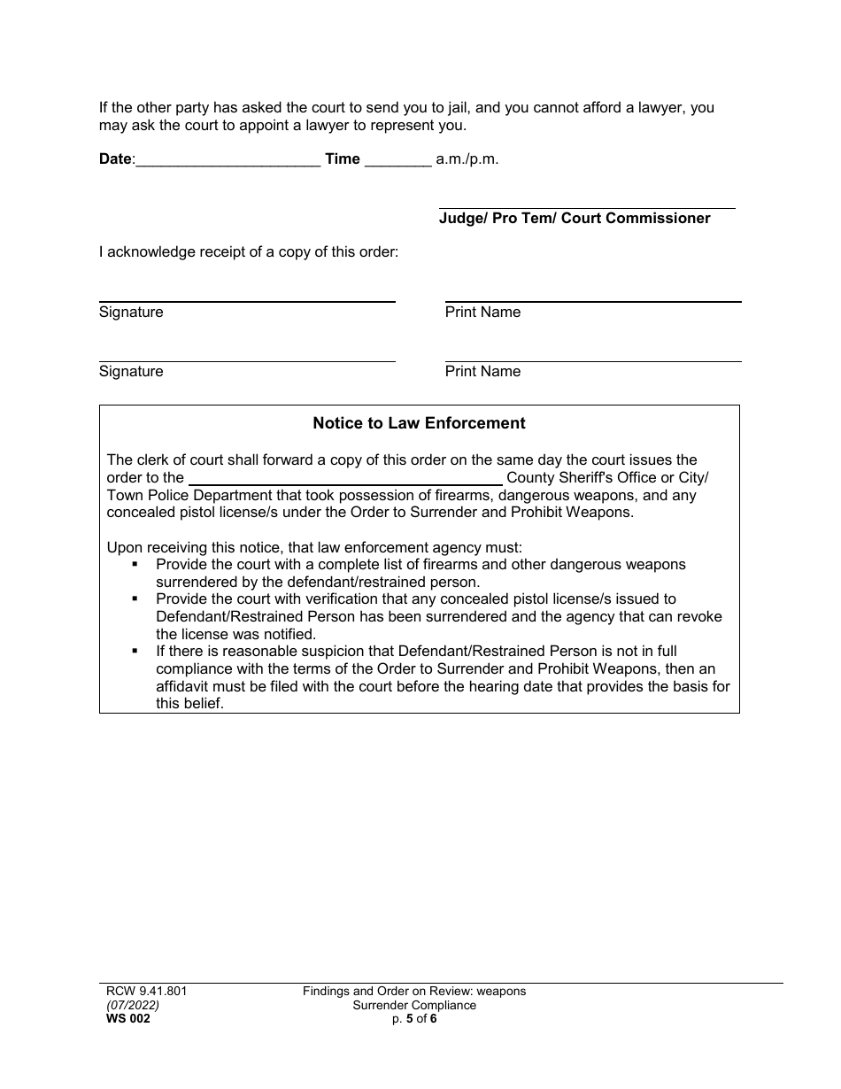 Form WS002 Findings and Order on Review: Weapons Surrender Compliance - Washington, Page 5