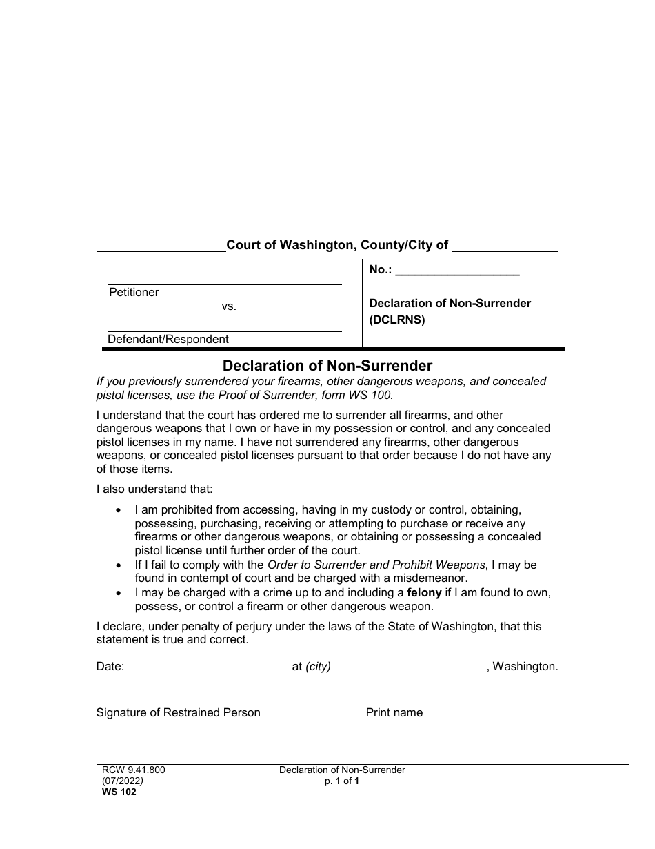 Form WS102 Declaration of Non-surrender - Washington, Page 1