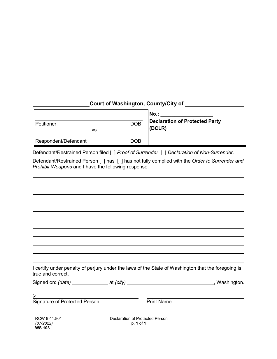 Form WS103 Declaration of Protected Party - Washington, Page 1