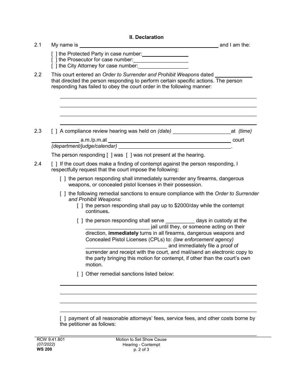 Form WS200 Motion to Set Show Cause Hearing - Contempt - Washington, Page 2