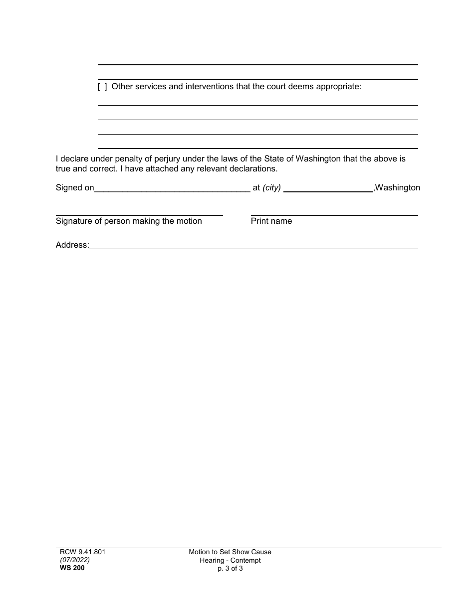 Form WS200 Motion to Set Show Cause Hearing - Contempt - Washington, Page 3