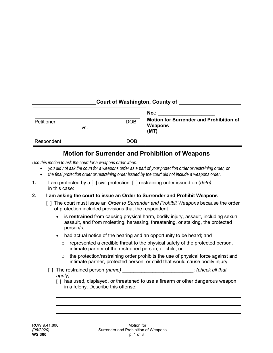 Form WS300 Motion for Surrender and Prohibition of Weapons - Washington, Page 1