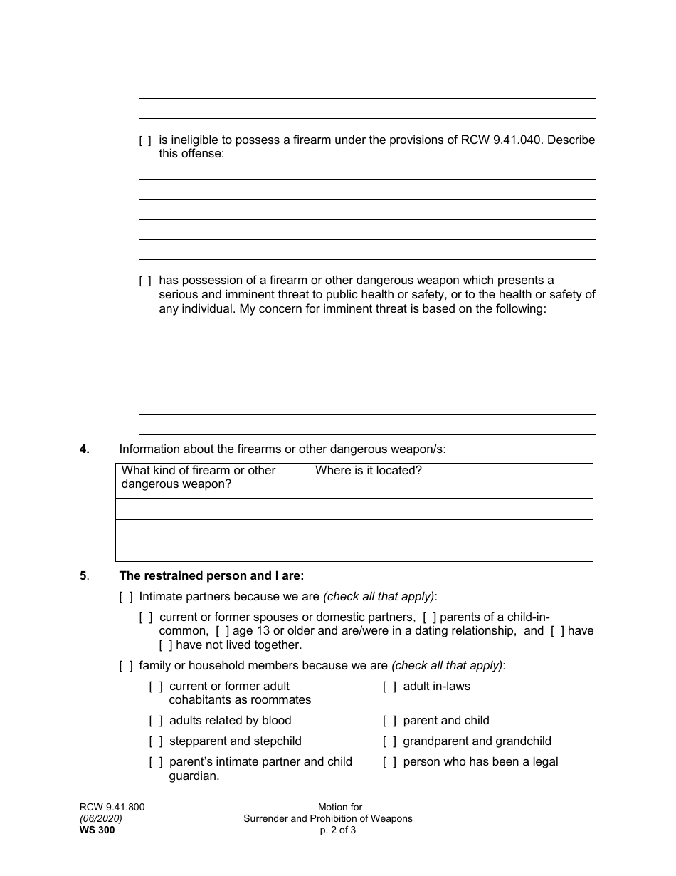 Form WS300 Motion for Surrender and Prohibition of Weapons - Washington, Page 2