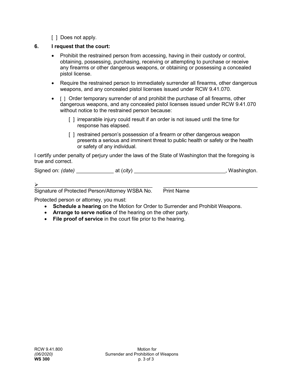 Form WS300 Motion for Surrender and Prohibition of Weapons - Washington, Page 3