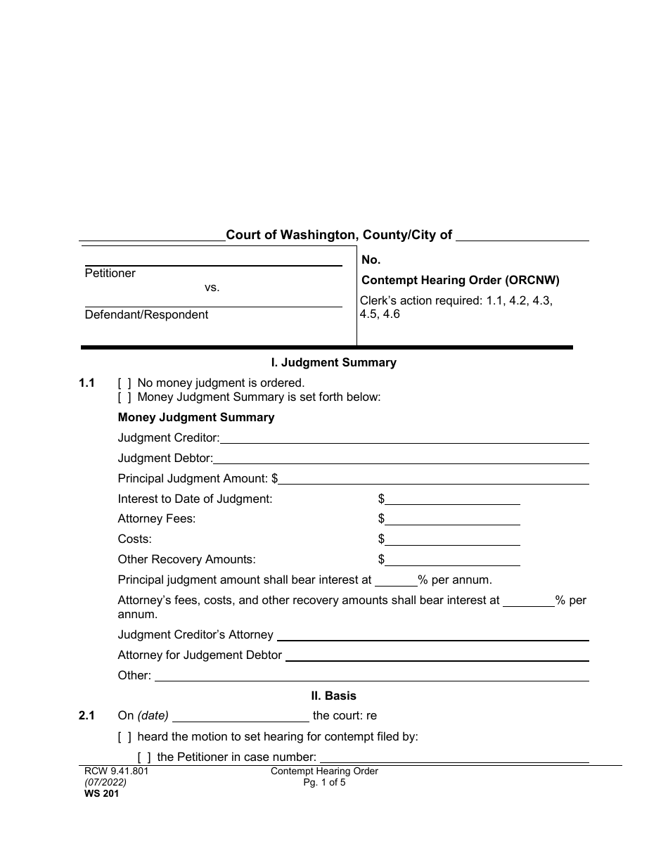Form WS201 Contempt Hearing Order - Washington, Page 1
