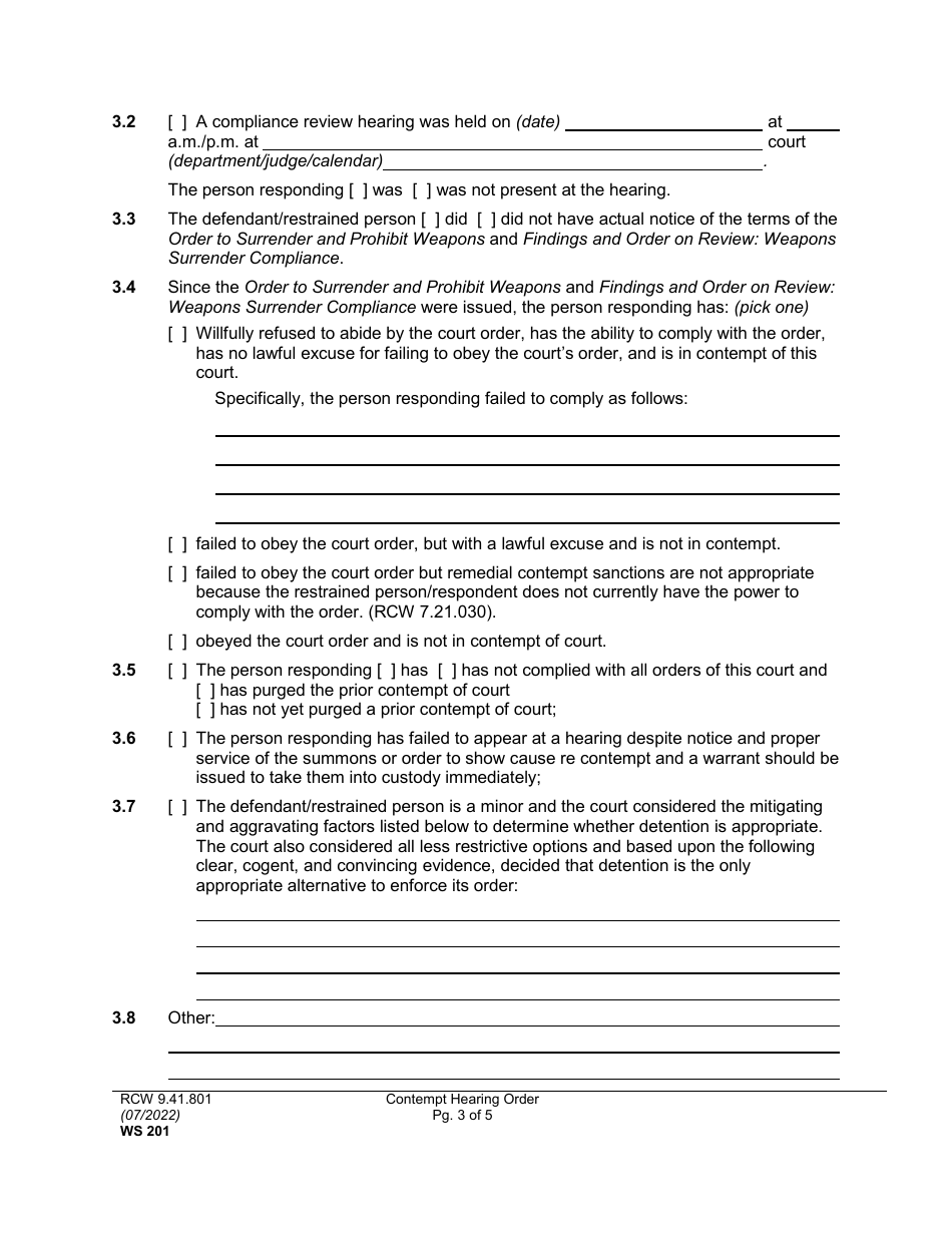 Form WS201 Contempt Hearing Order - Washington, Page 3