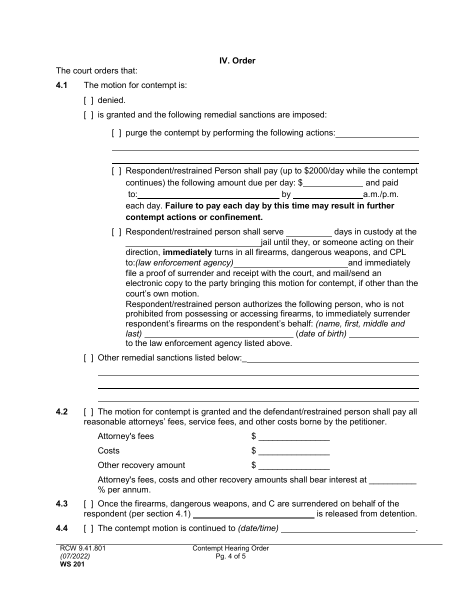 Form WS201 Contempt Hearing Order - Washington, Page 4