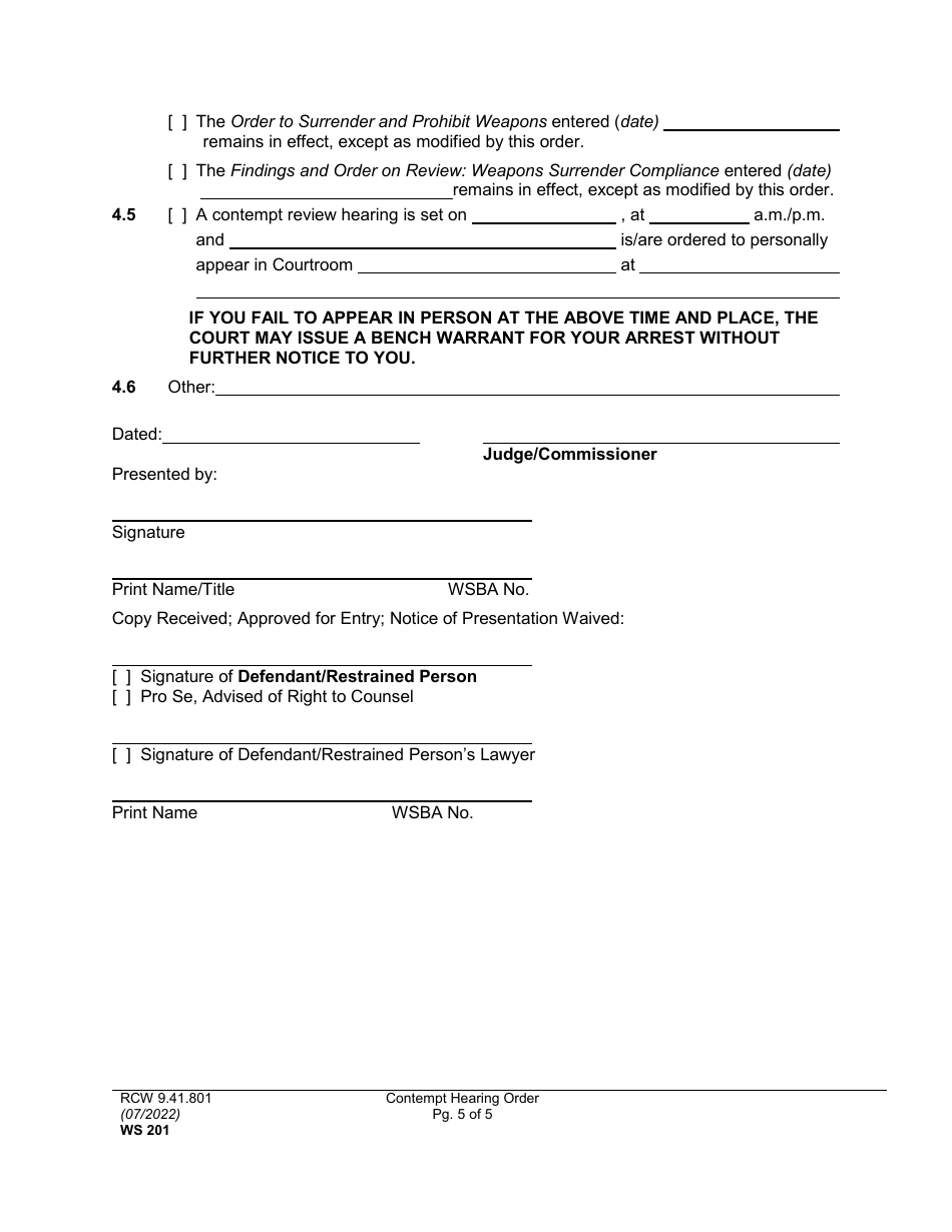 Form WS201 Contempt Hearing Order - Washington, Page 5