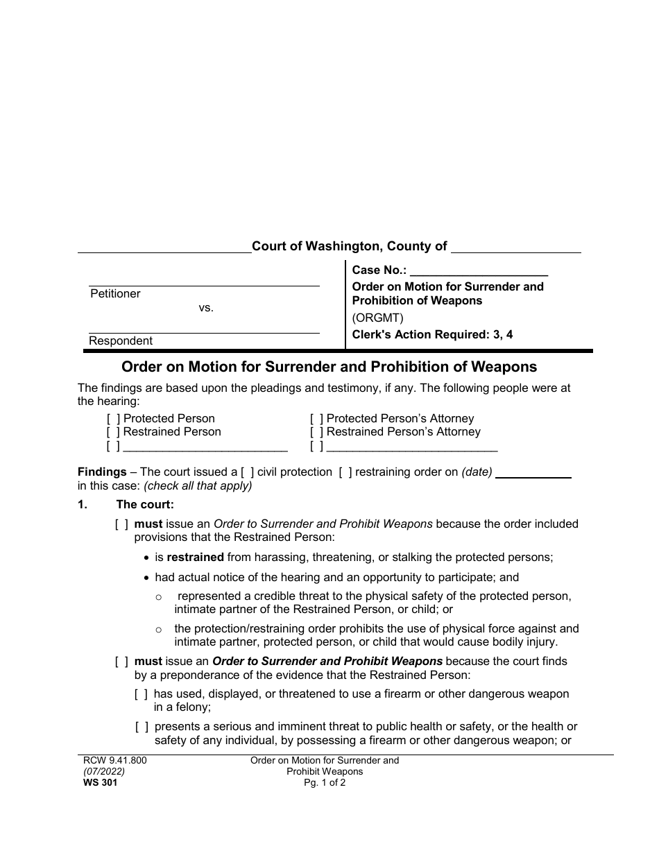 Form WS301 Order on Motion for Surrender and Prohibition of Weapons - Washington, Page 1