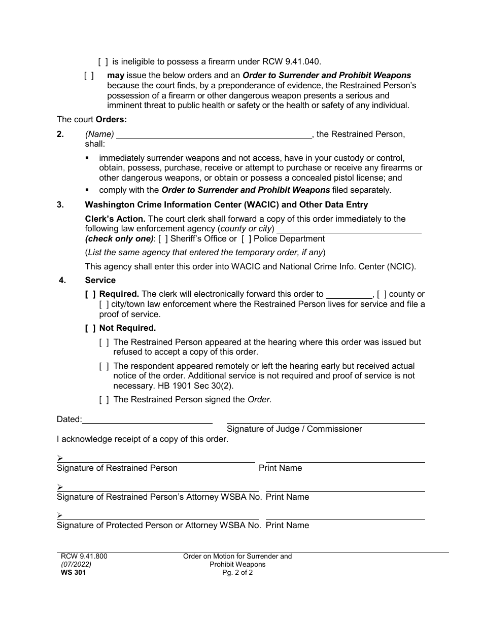 Form WS301 Order on Motion for Surrender and Prohibition of Weapons - Washington, Page 2