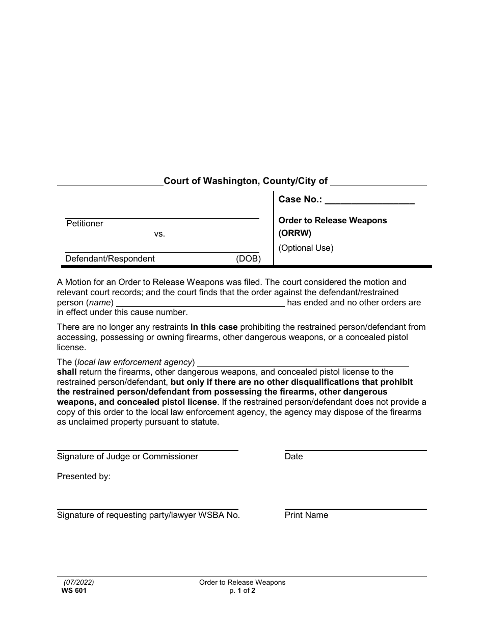 Form WS601 Order to Release Weapons - Washington, Page 1