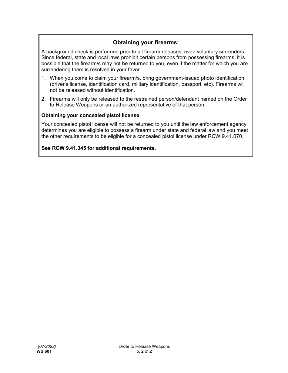 Form WS601 Order to Release Weapons - Washington, Page 2