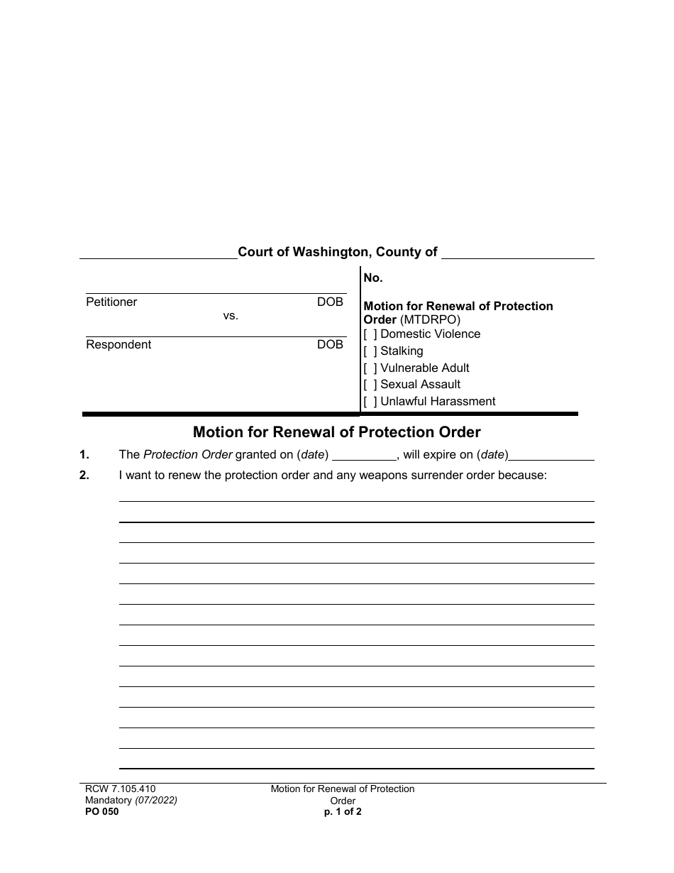 Form PO050 Motion for Renewal of Protection Order - Washington, Page 1
