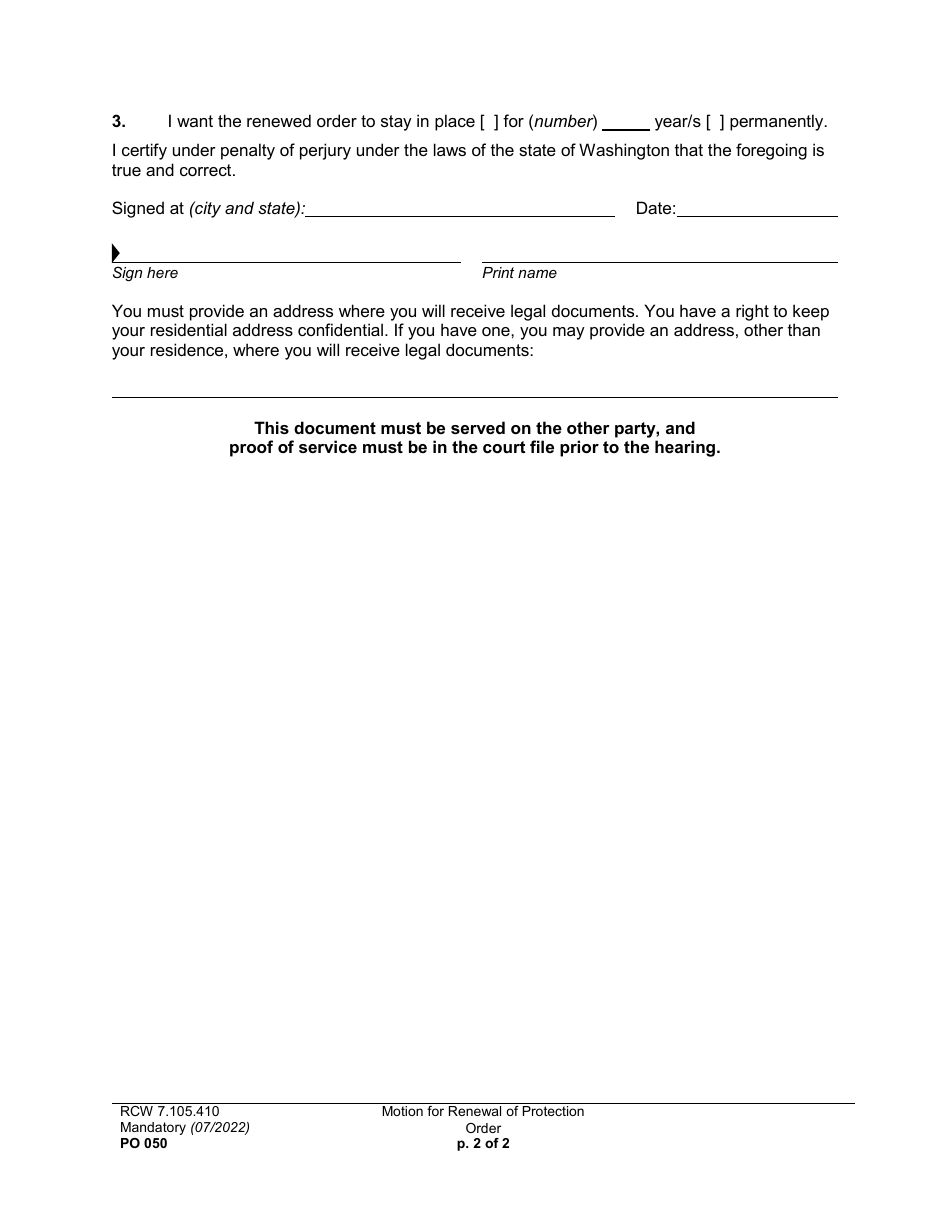 Form PO050 Motion for Renewal of Protection Order - Washington, Page 2