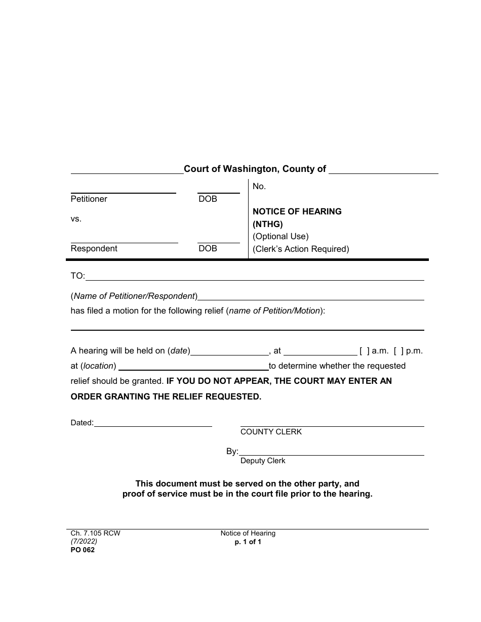 Form PO062 Notice of Hearing - Washington, Page 1