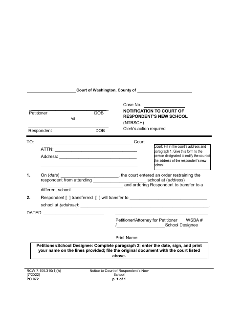 Form PO072 Notification to Court of Respondent's New School - Washington