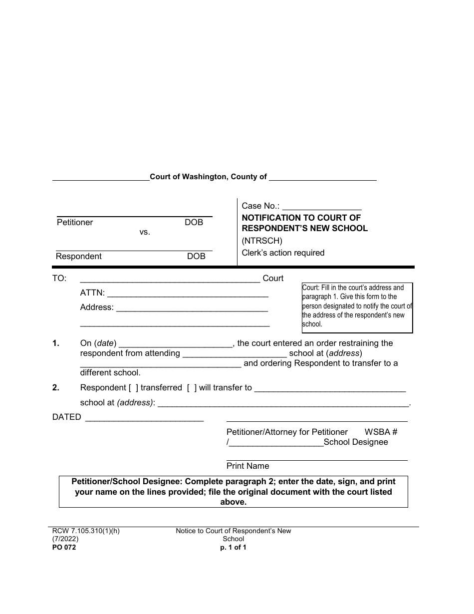 Form PO072 Notification to Court of Respondents New School - Washington, Page 1