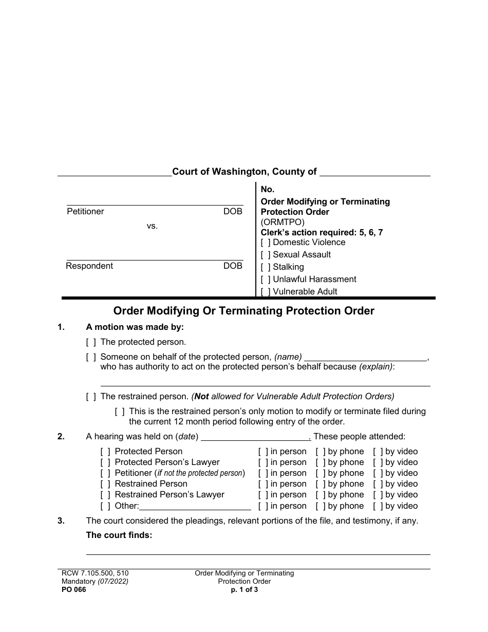Form PO066 Order Modifying or Terminating Protection Order - Washington, Page 1