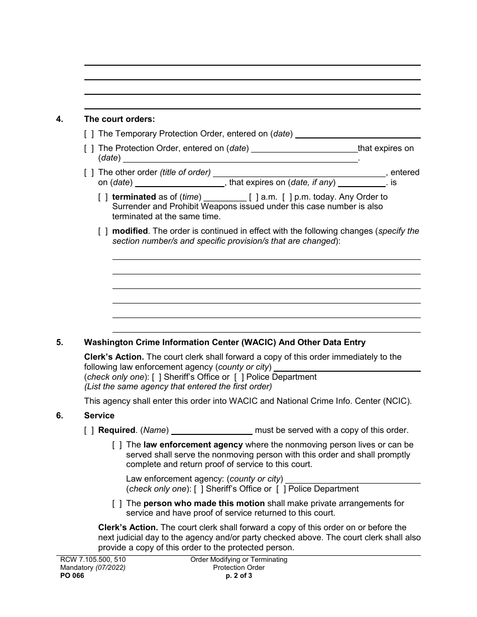 Form PO066 Order Modifying or Terminating Protection Order - Washington, Page 2