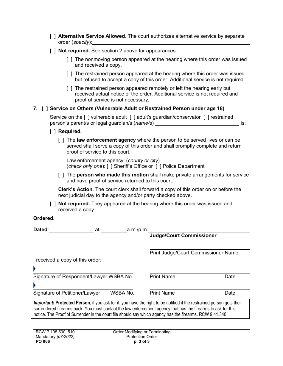 Form PO066 Order Modifying or Terminating Protection Order - Washington, Page 3