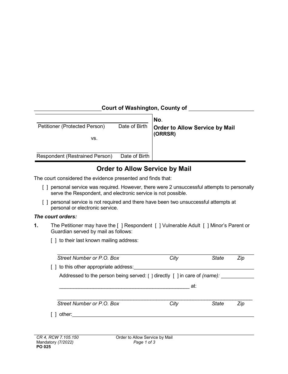 Form PO025 Order to Allow Service by Mail - Washington, Page 1