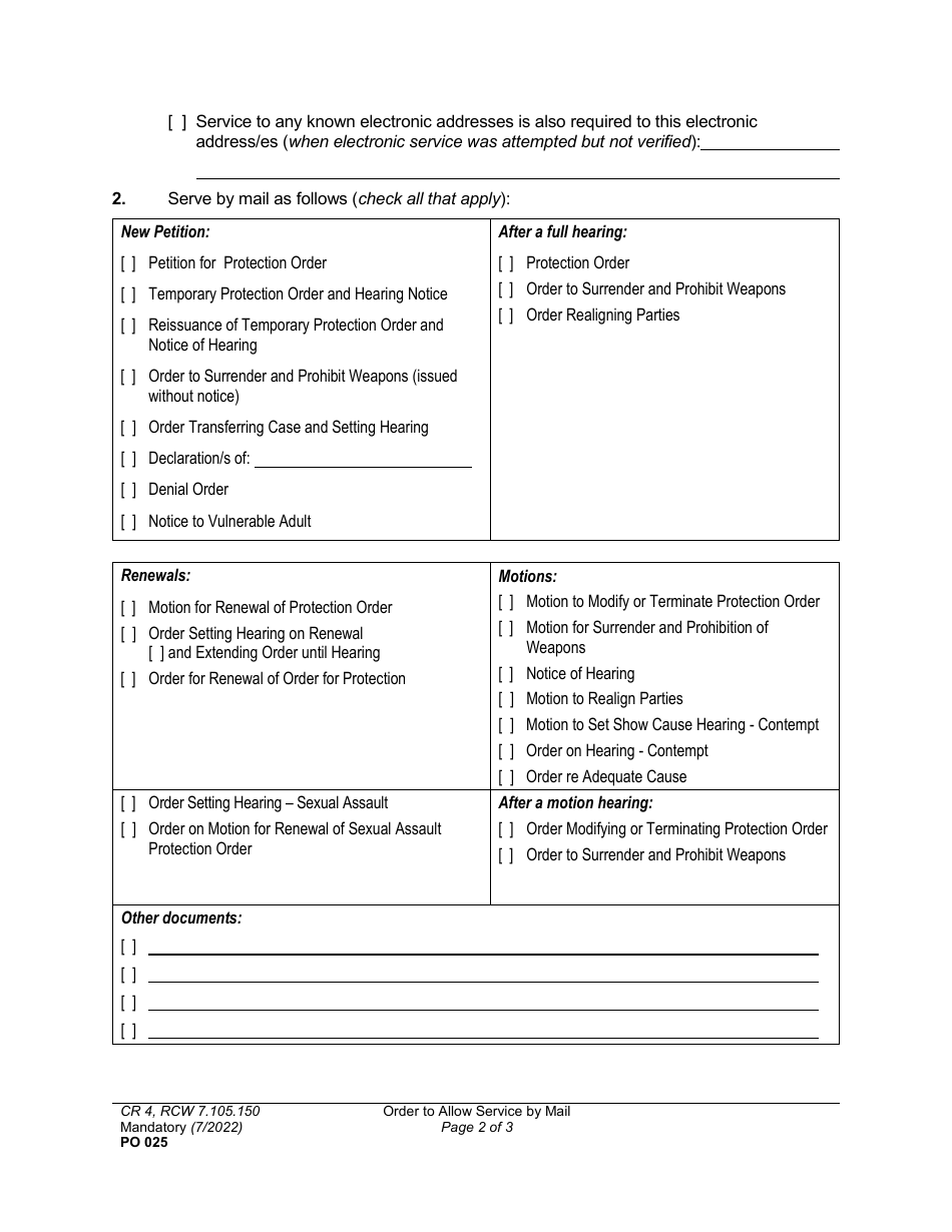 Form PO025 Order to Allow Service by Mail - Washington, Page 2