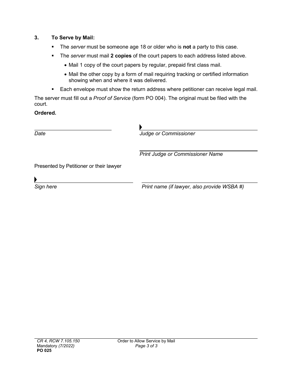 Form PO025 Order to Allow Service by Mail - Washington, Page 3