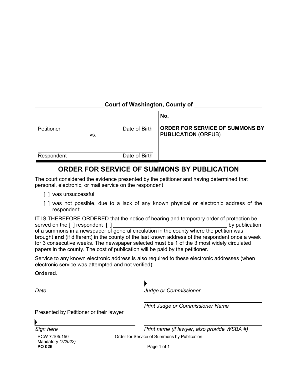 Form PO026 Download Printable PDF or Fill Online Order for Service of ...