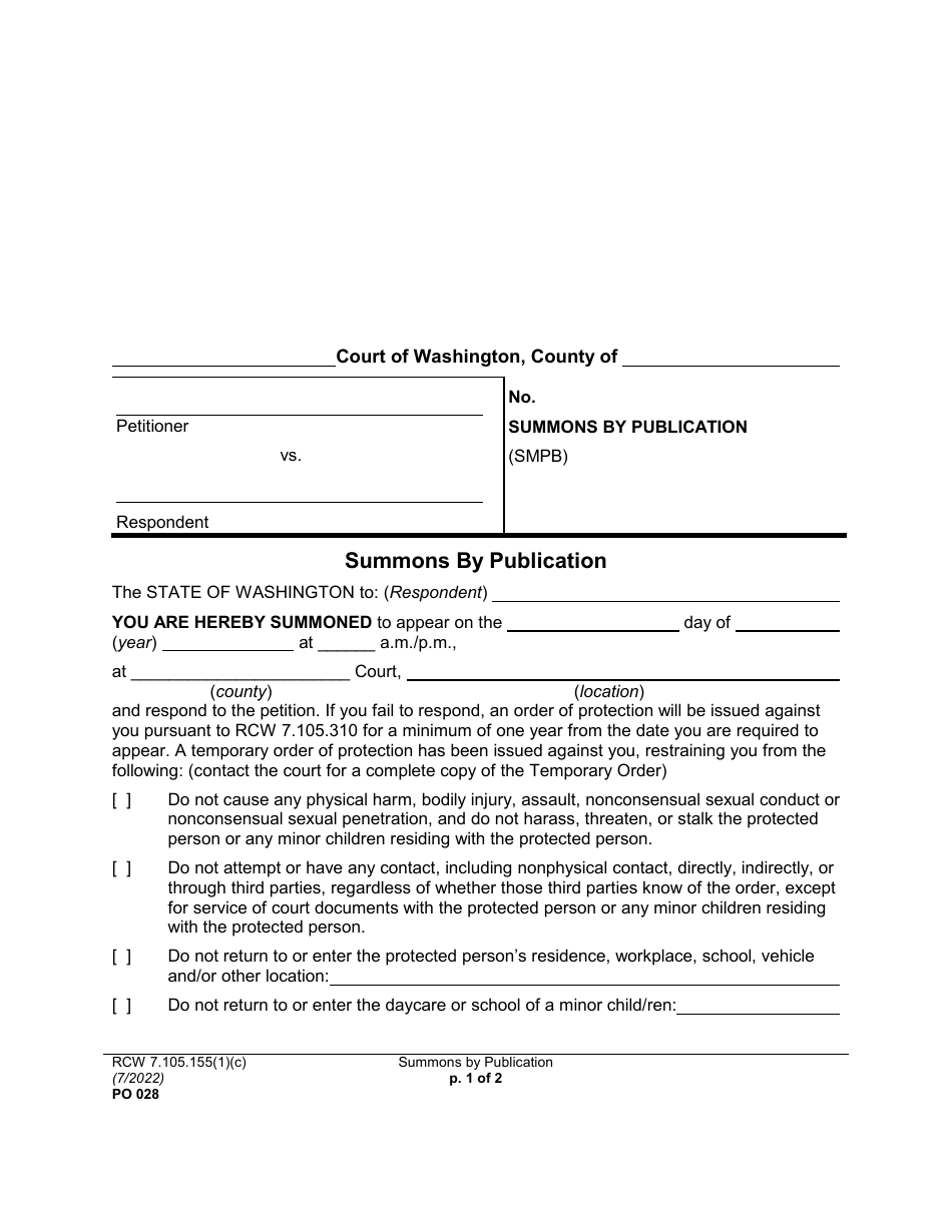 Form PO028 Summons by Publication - Washington, Page 1