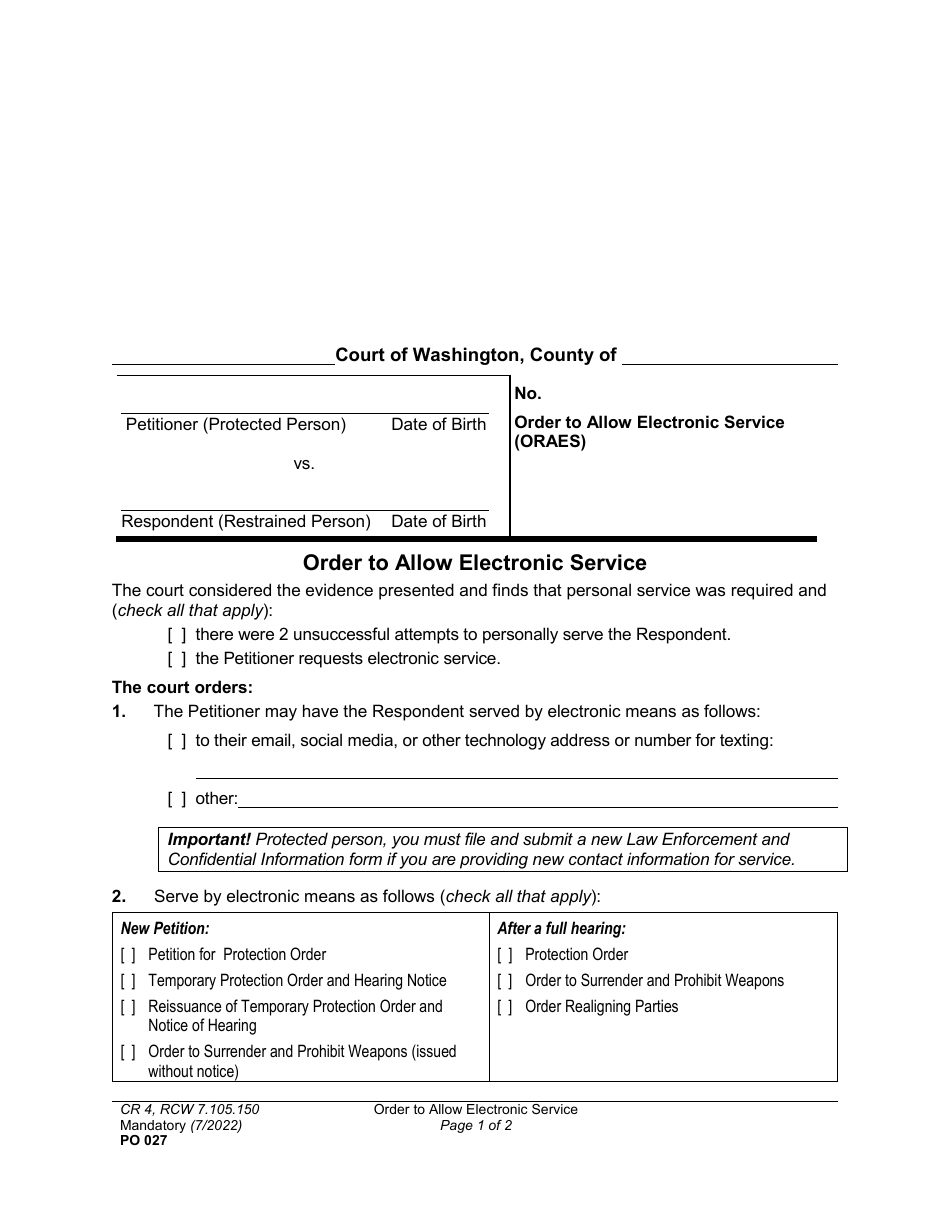 Form PO027 Order to Allow Electronic Service - Washington, Page 1