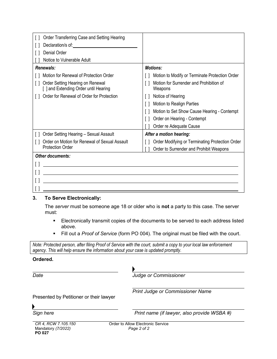 Form PO027 Order to Allow Electronic Service - Washington, Page 2