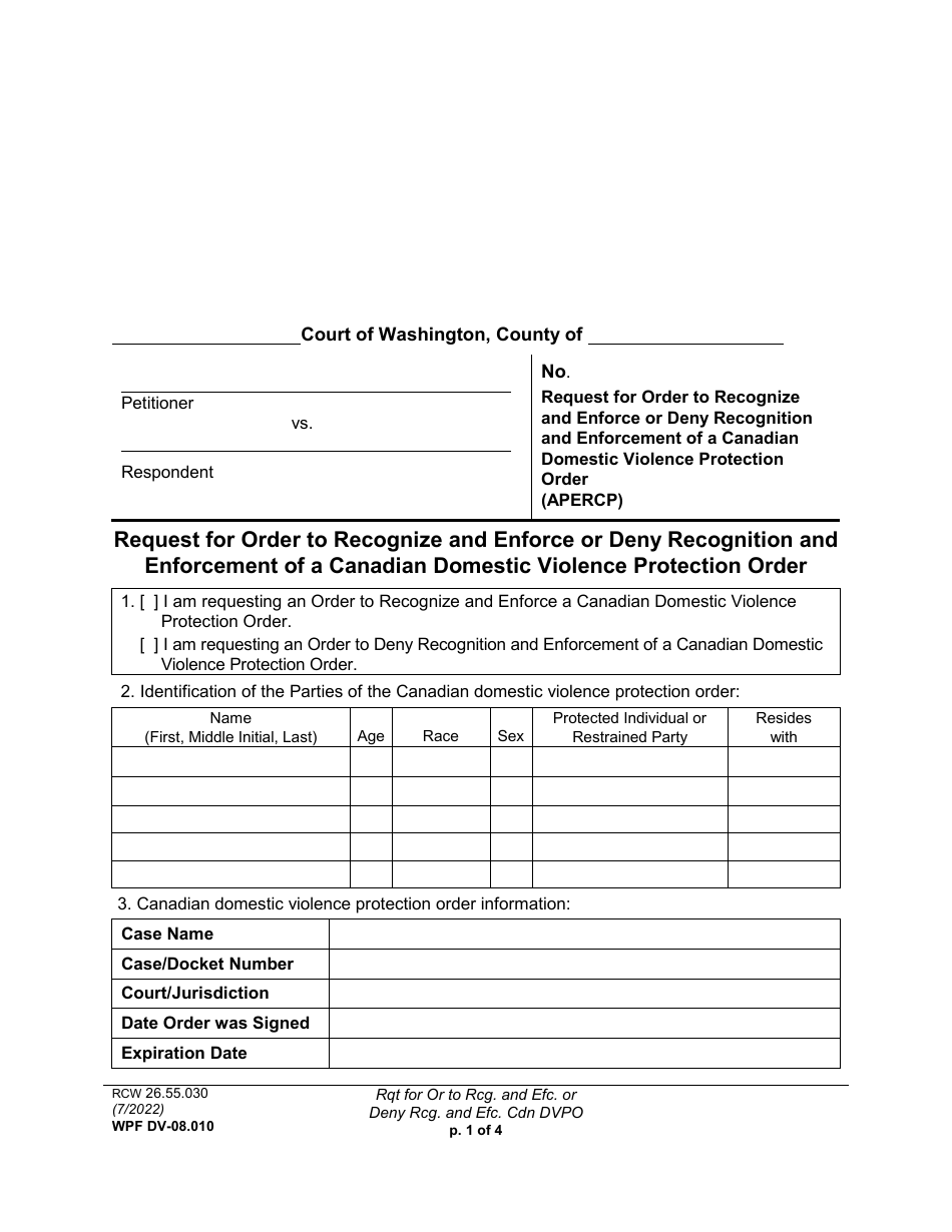 Form WPF DV-08.010 Request for Order to Recognize and Enforce or Deny Recognition and Enforcement of a Canadian Domestic Violence Protection Order - Washington, Page 1