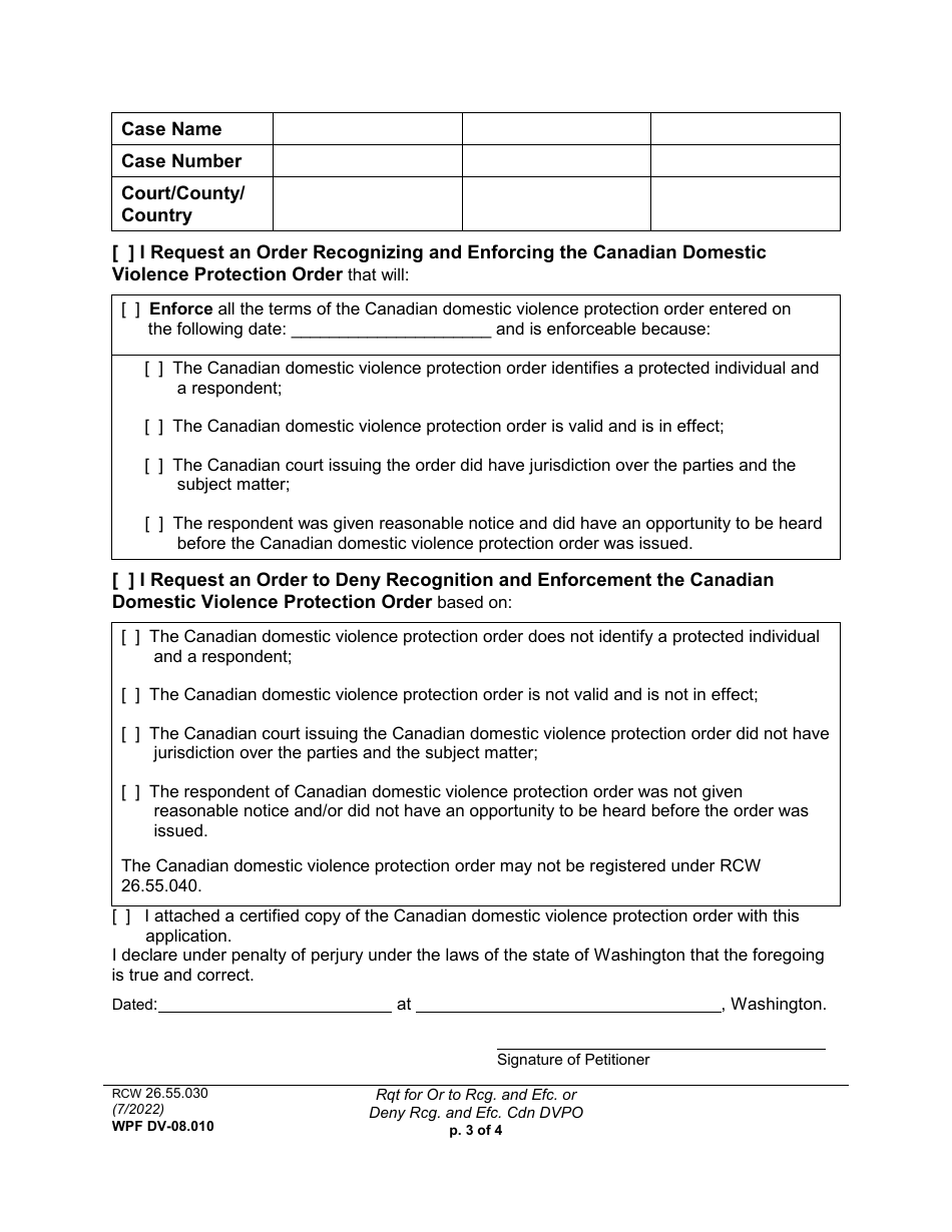 Form WPF DV-08.010 Request for Order to Recognize and Enforce or Deny Recognition and Enforcement of a Canadian Domestic Violence Protection Order - Washington, Page 3
