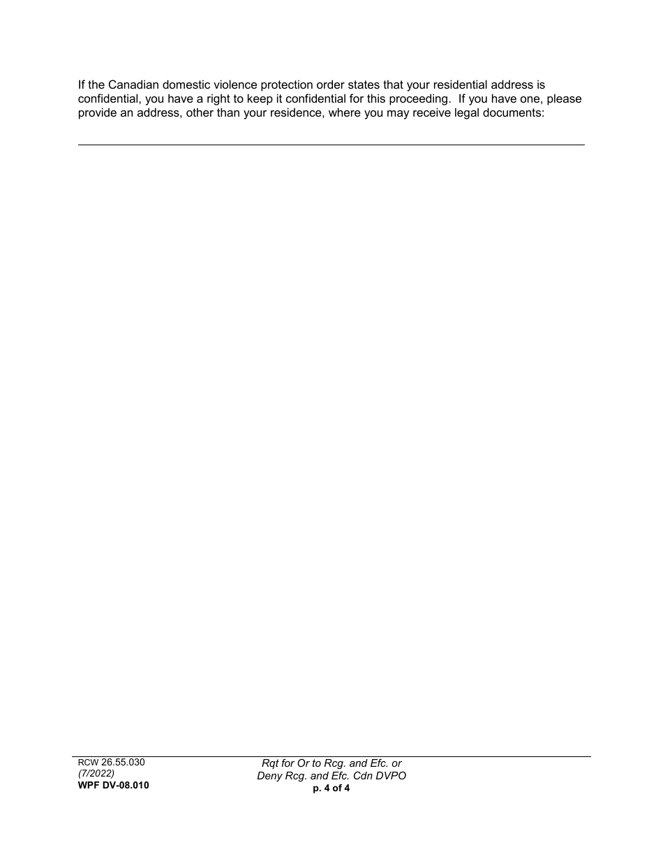 Form WPF DV-08.010 Request for Order to Recognize and Enforce or Deny Recognition and Enforcement of a Canadian Domestic Violence Protection Order - Washington, Page 4