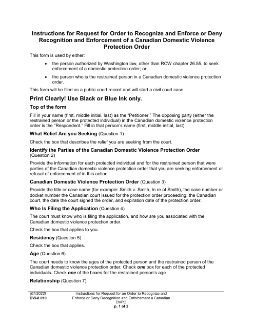 Instructions for Form WPF DV-8.010 Request for Order to Recognize and Enforce or Deny Recognition and Enforcement of a Canadian Domestic Violence Protection Order - Washington
