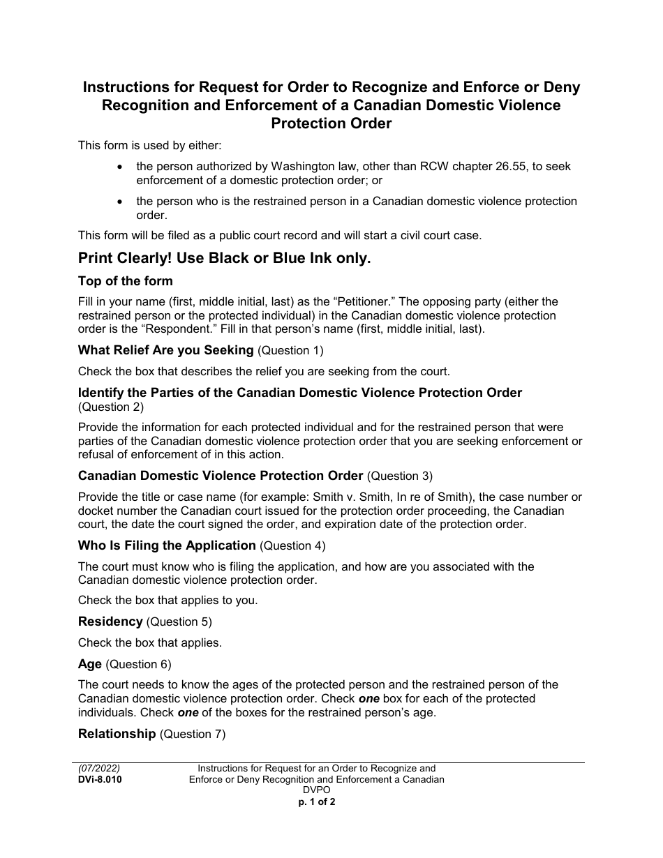 Instructions for Form WPF DV-8.010 Request for Order to Recognize and Enforce or Deny Recognition and Enforcement of a Canadian Domestic Violence Protection Order - Washington, Page 1
