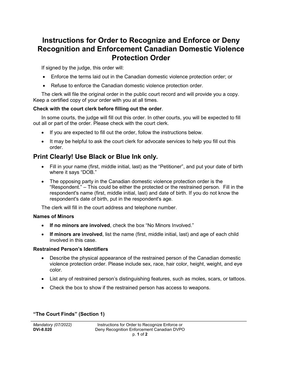 Instructions for Form WPF DV-8.020 Order to Recognize and Enforce or Deny Recognition and Enforcement Canadian Domestic Violence Protection Order - Washington, Page 1