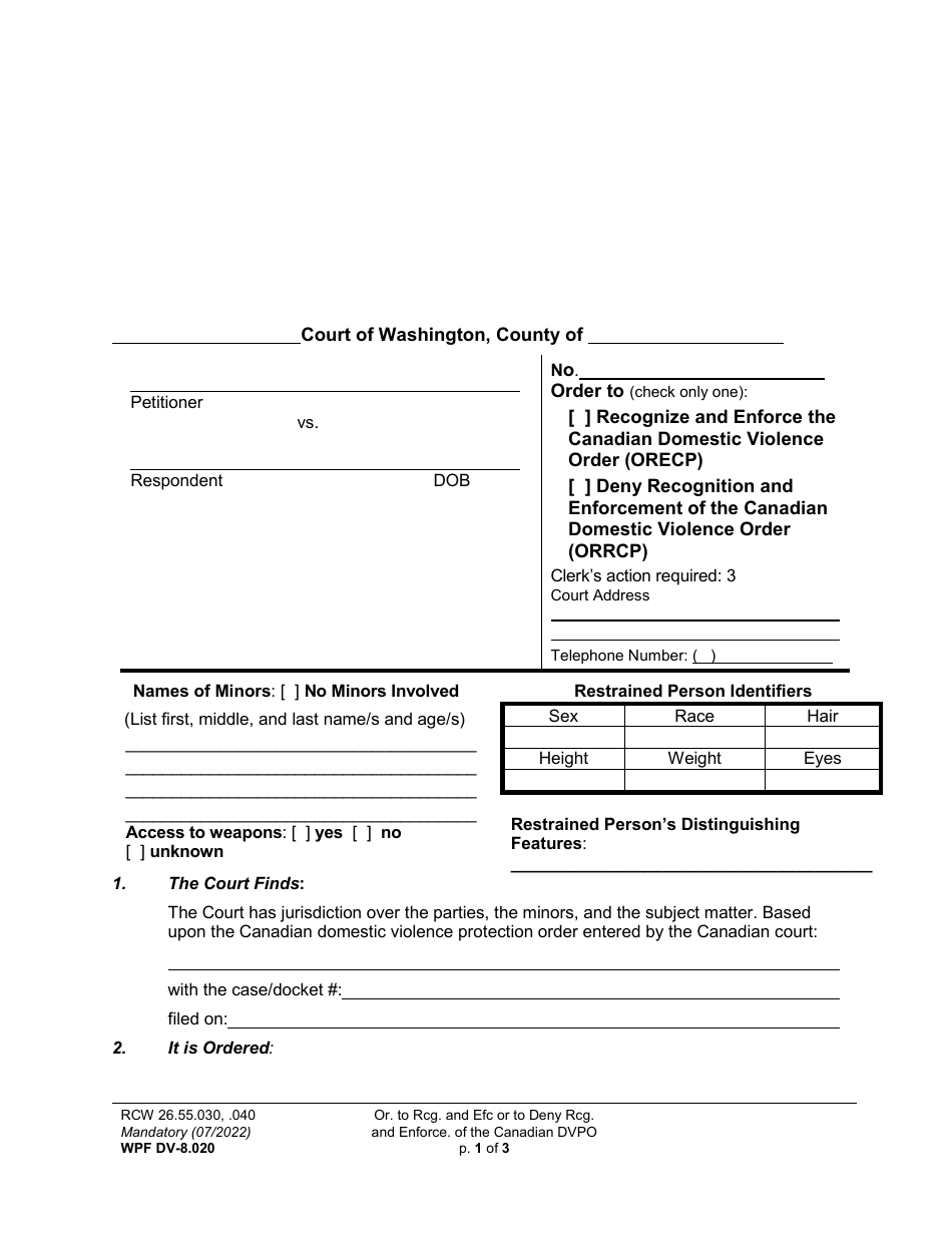 Form WPF DV-8.020 Order to Recognize and Enforce or Deny Recognition and Enforcement Canadian Domestic Violence Protection Order - Washington, Page 1