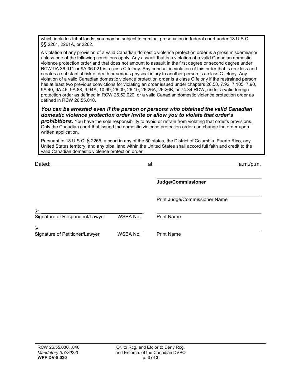 Form WPF DV-8.020 Order to Recognize and Enforce or Deny Recognition and Enforcement Canadian Domestic Violence Protection Order - Washington, Page 3