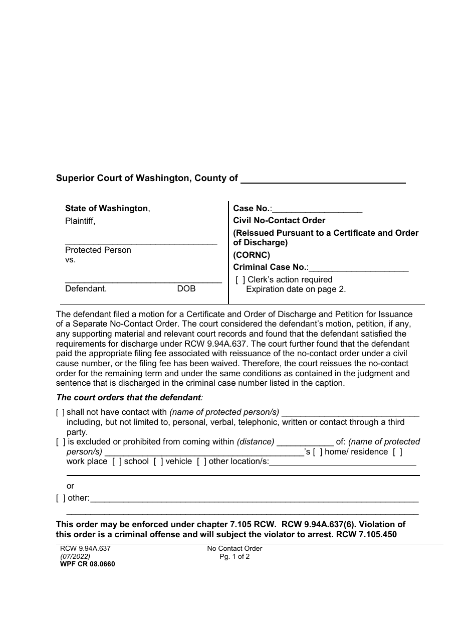 Form WPF CR08.0660 No-Contact Order (Reissued Pursuant to a Certificate and Order of Discharge) (Cornc) - Washington, Page 1