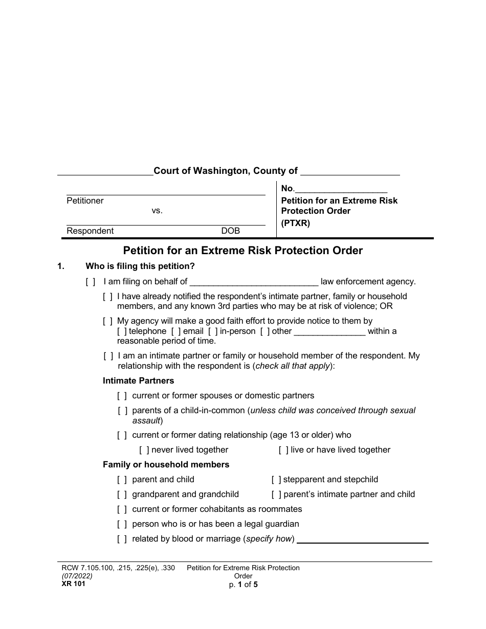 Form XR101 Petition for an Extreme Risk Protection Order - Washington, Page 1