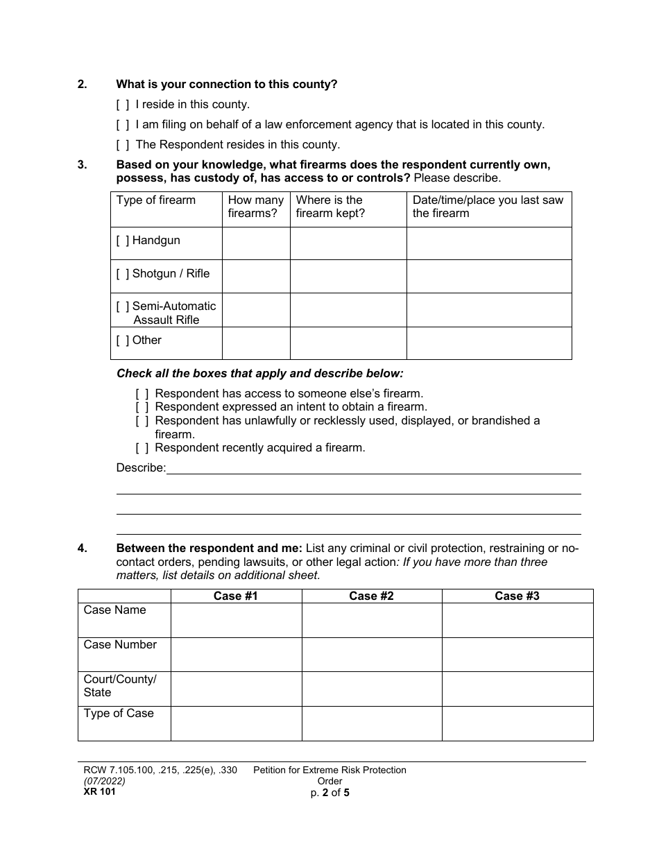 Form XR101 Petition for an Extreme Risk Protection Order - Washington, Page 2