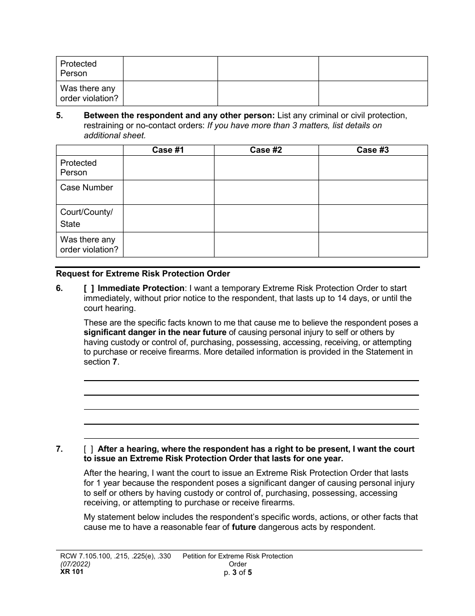 Form XR101 Petition for an Extreme Risk Protection Order - Washington, Page 3