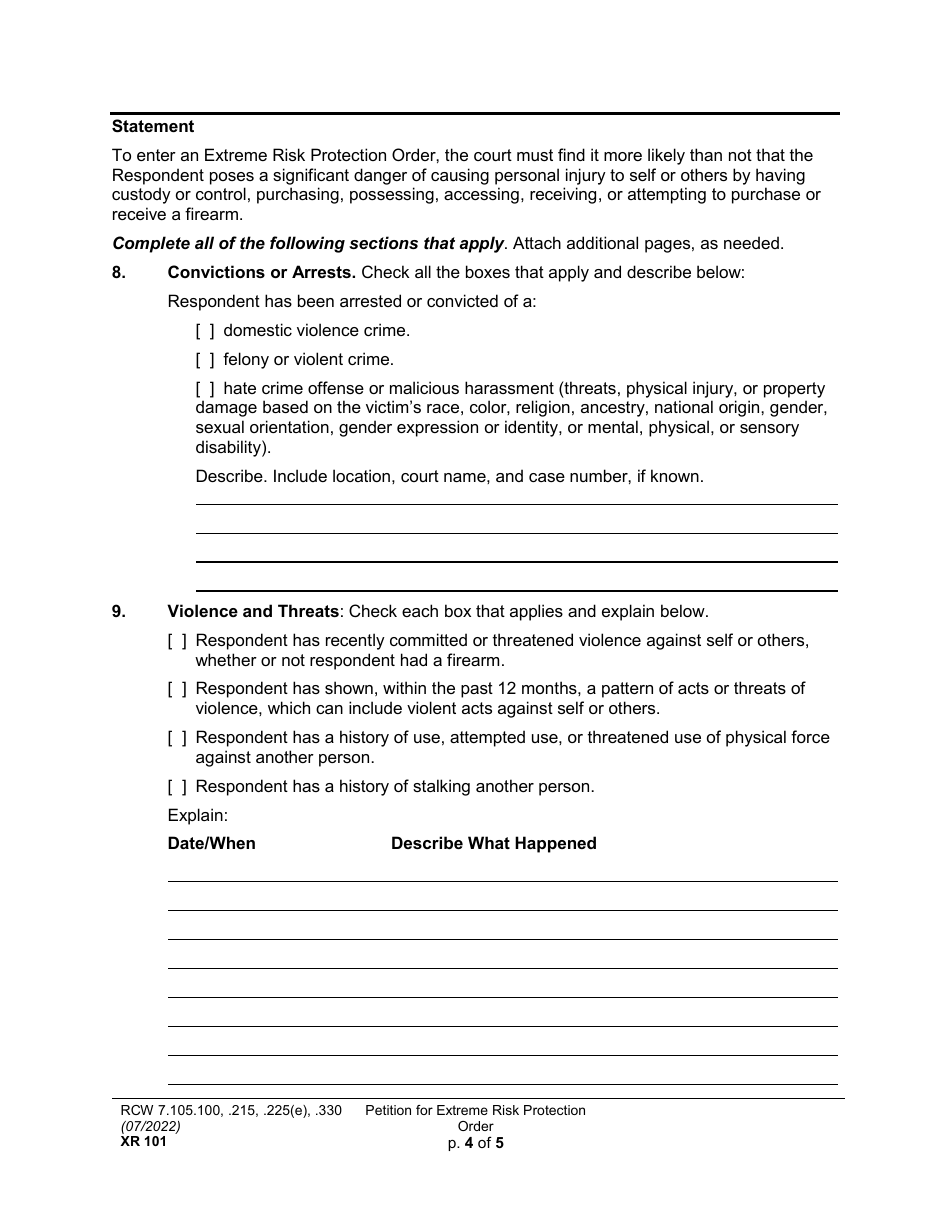 Form XR101 Petition for an Extreme Risk Protection Order - Washington, Page 4