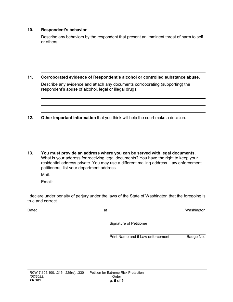 Form XR101 Petition for an Extreme Risk Protection Order - Washington, Page 5