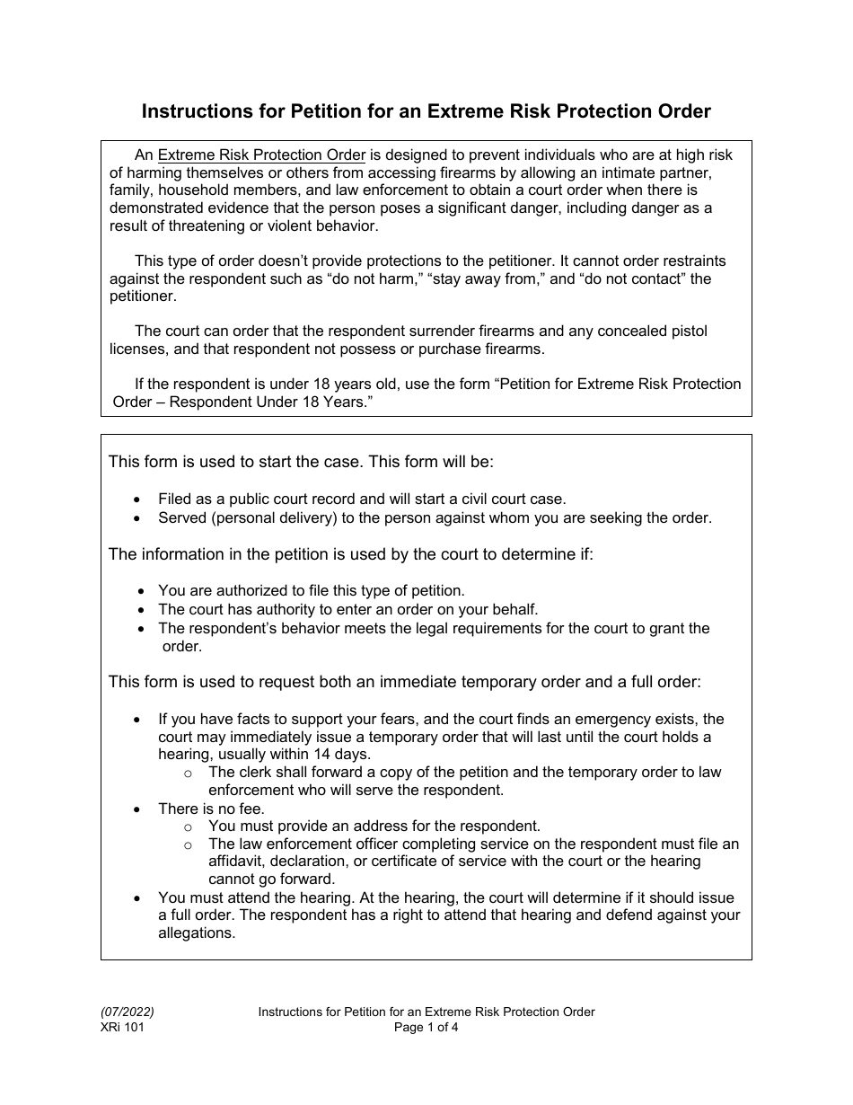 Instructions for Form XR101 Petition for an Extreme Risk Protection Order - Washington, Page 1