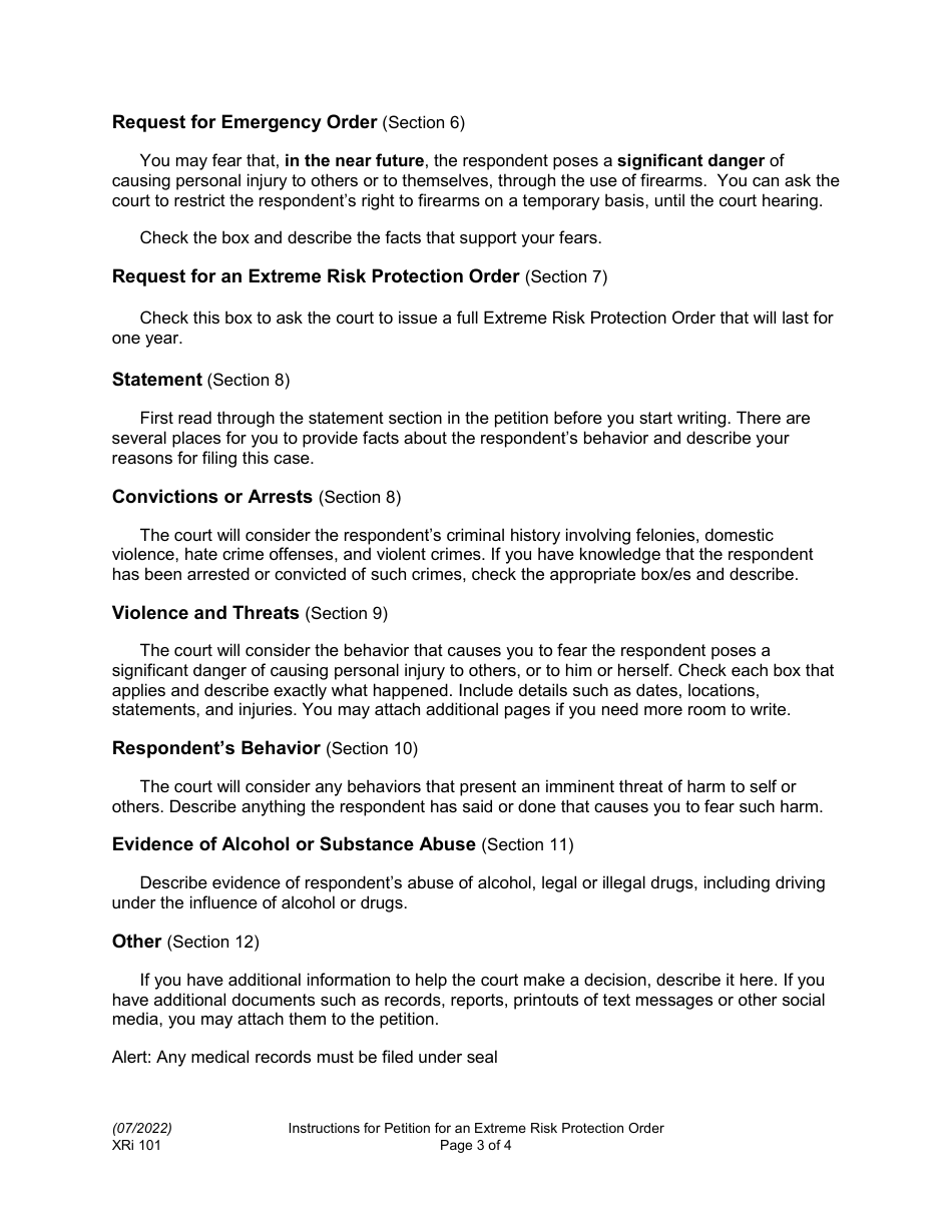 Instructions for Form XR101 Petition for an Extreme Risk Protection Order - Washington, Page 3