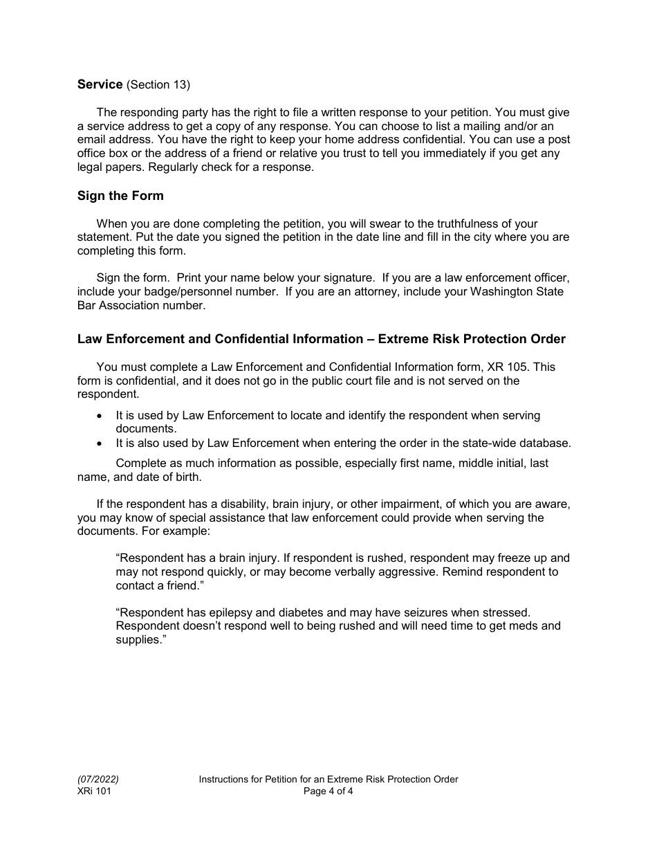 Instructions for Form XR101 Petition for an Extreme Risk Protection Order - Washington, Page 4