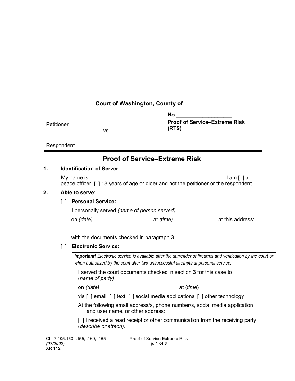 Form XR112 Proof of Service - Extreme Risk - Washington, Page 1