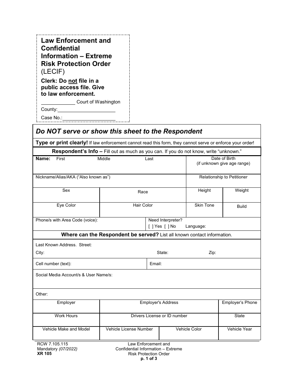 Form XR105 Law Enforcement and Confidential Information - Extreme Risk Protection Order - Washington, Page 1
